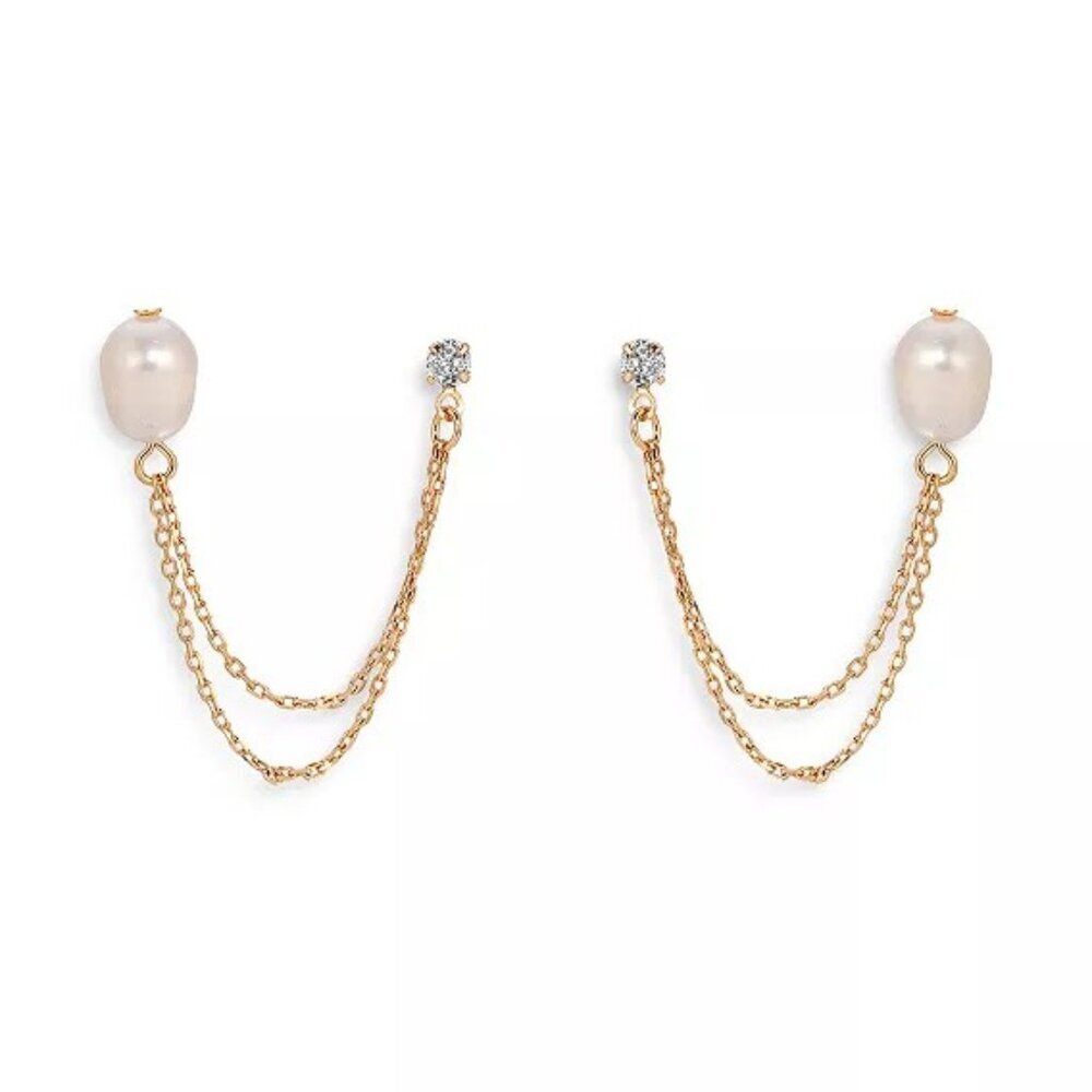 NWT Ettika Double Post Cultured Freshwater Pearl Crystal Draped Chain Earring - Picture 1 of 3